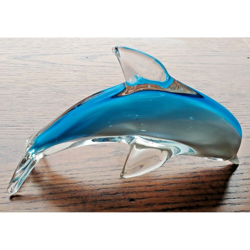 Paperweight Vintage hand blown Glass Art Dolphin Clear with Blue and white